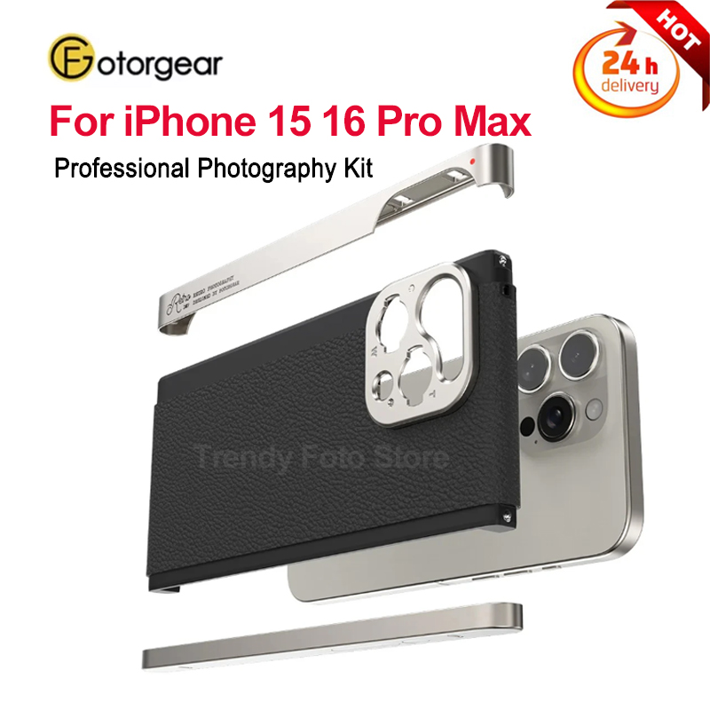Photography With Iphone 15 - Fotorgearプロフェッショナル写真撮影キット、レザーケースハンドル付き、iPhone 15/16 Pro Maxケース用、67mmフィルターリング、Tマウントフォンケース