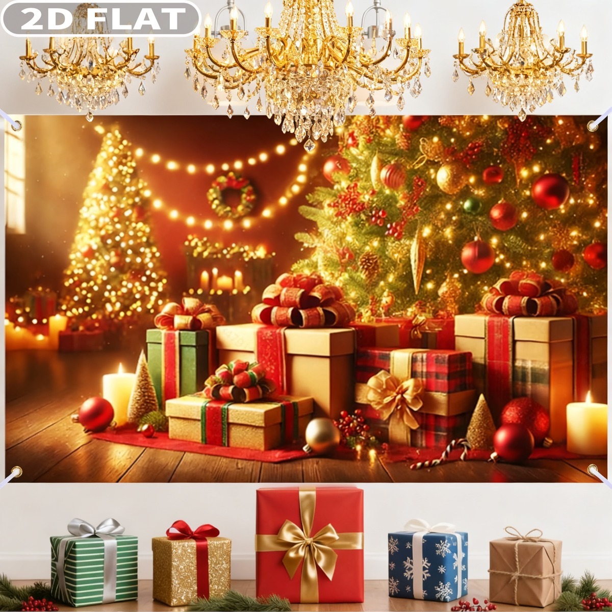 Photography Background - 1個 クリスマスツリー＆ギフト 大型クリスマスバナー、71x43インチバナー、ポリエステル生地 ホリデーデコレーション 写真撮影背景