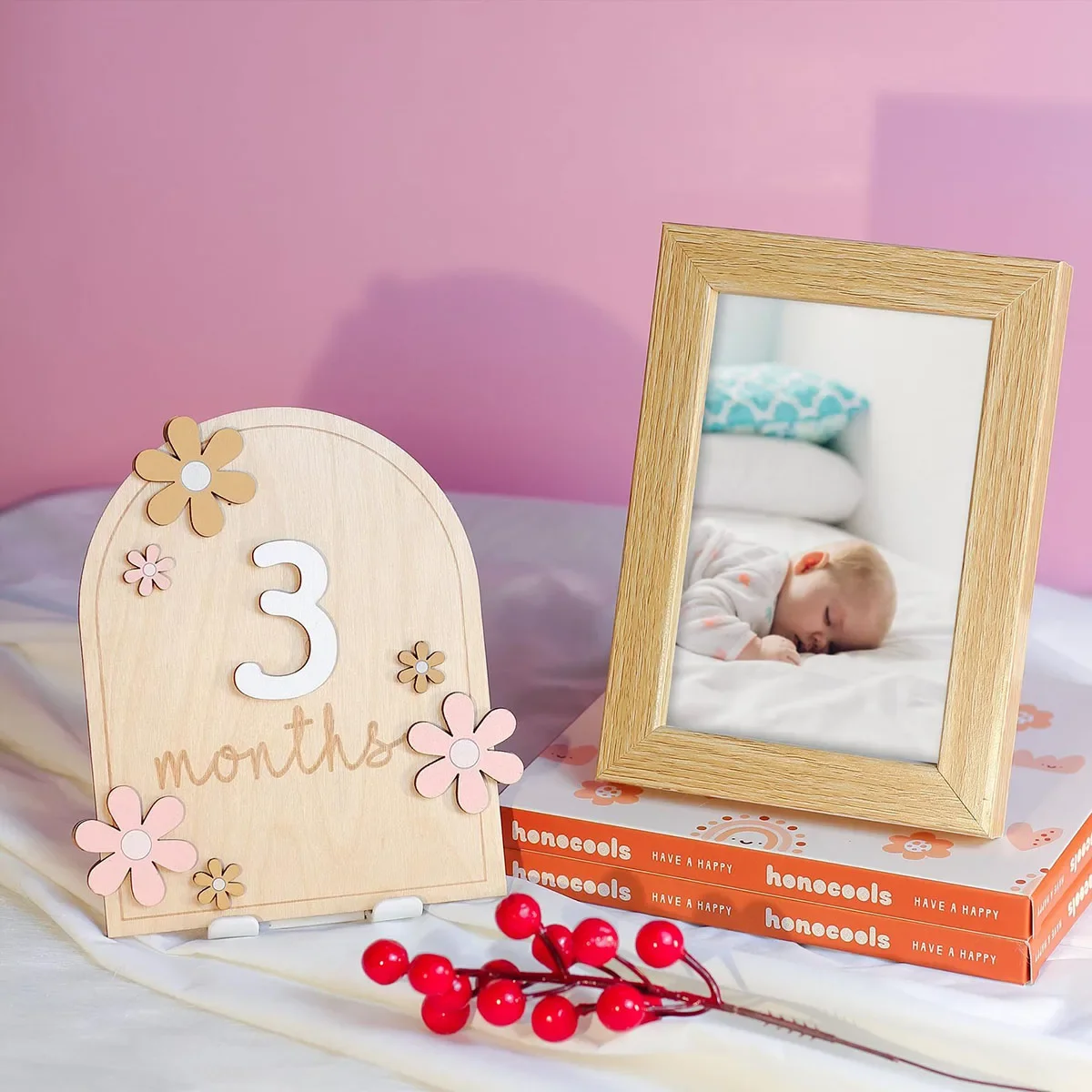 木製ベビーマンスリーマイルストーンカード花両面番号月女の子男 - Photography Still Life のレビューと価格